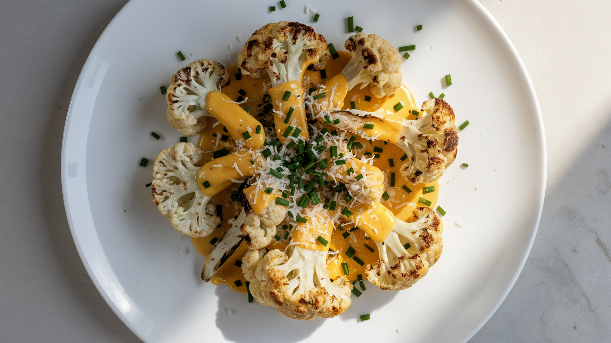 Roasted cauliflower coated in cheddar cheese sauce with parmesan and chives