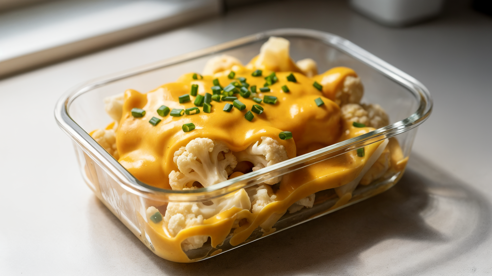 Keto cauliflower mac and cheese portion packed in a glass lunch container