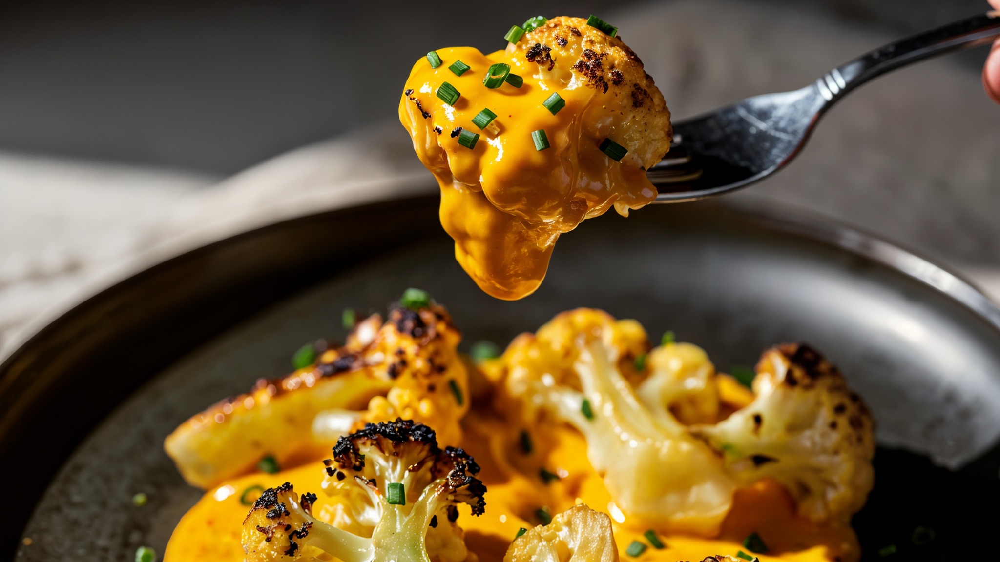 Fork lifting creamy keto cauliflower mac and cheese with cheddar sauce and chives