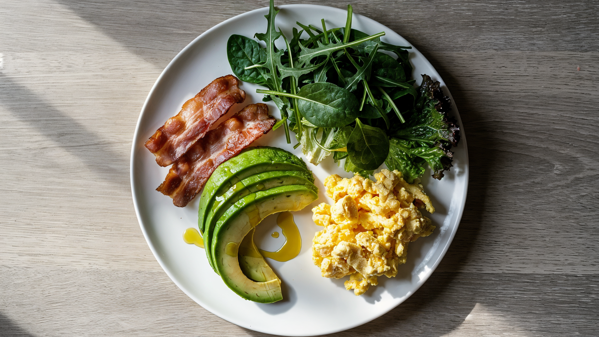 Sliced avocado with bacon, eggs, greens, and olive oil on a plate