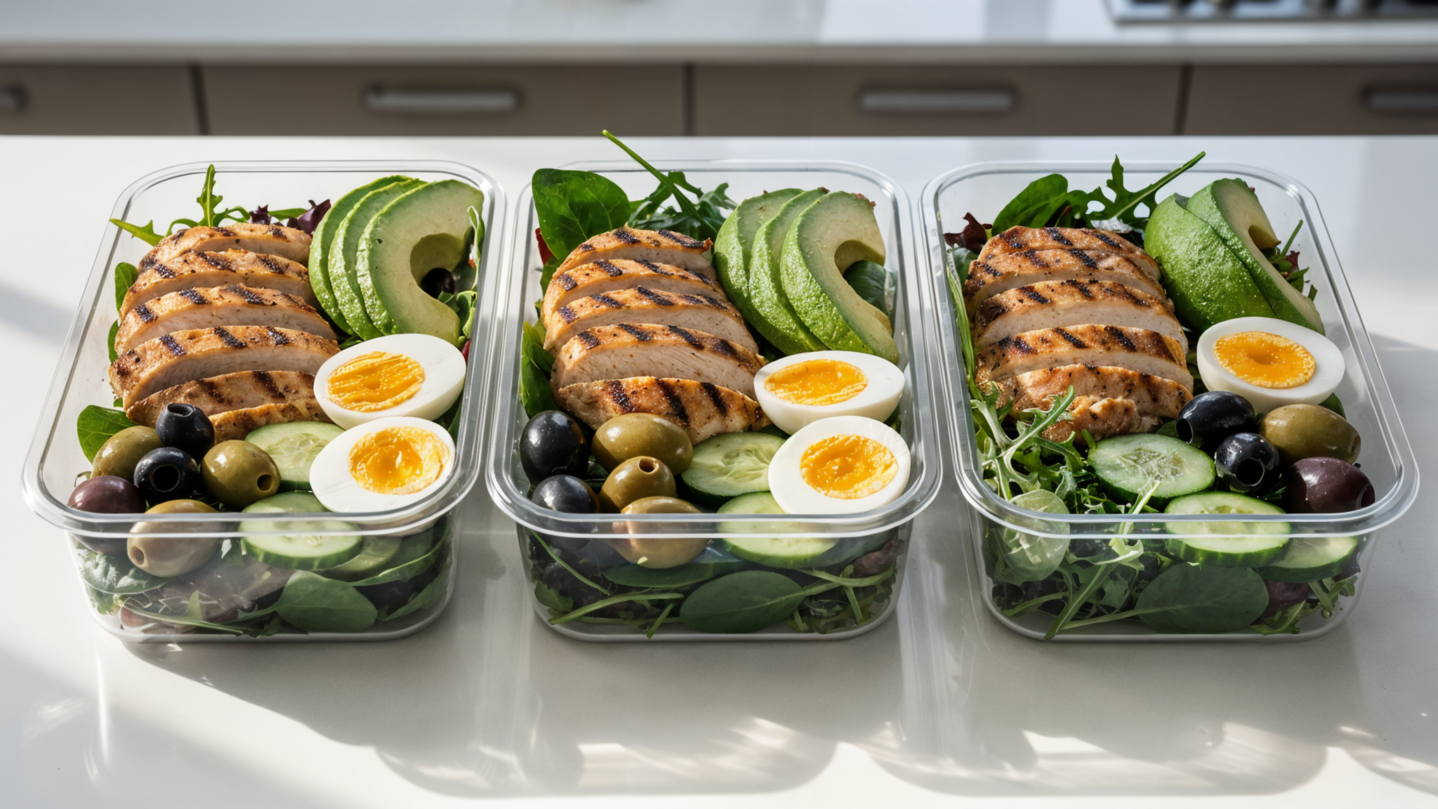Three keto meal prep containers with avocado, chicken, eggs, and cucumbers lined up on a counter
