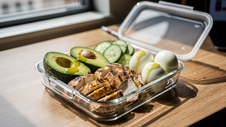 Avocado, chicken, eggs, and cucumbers packed for a keto lunch on a work desk