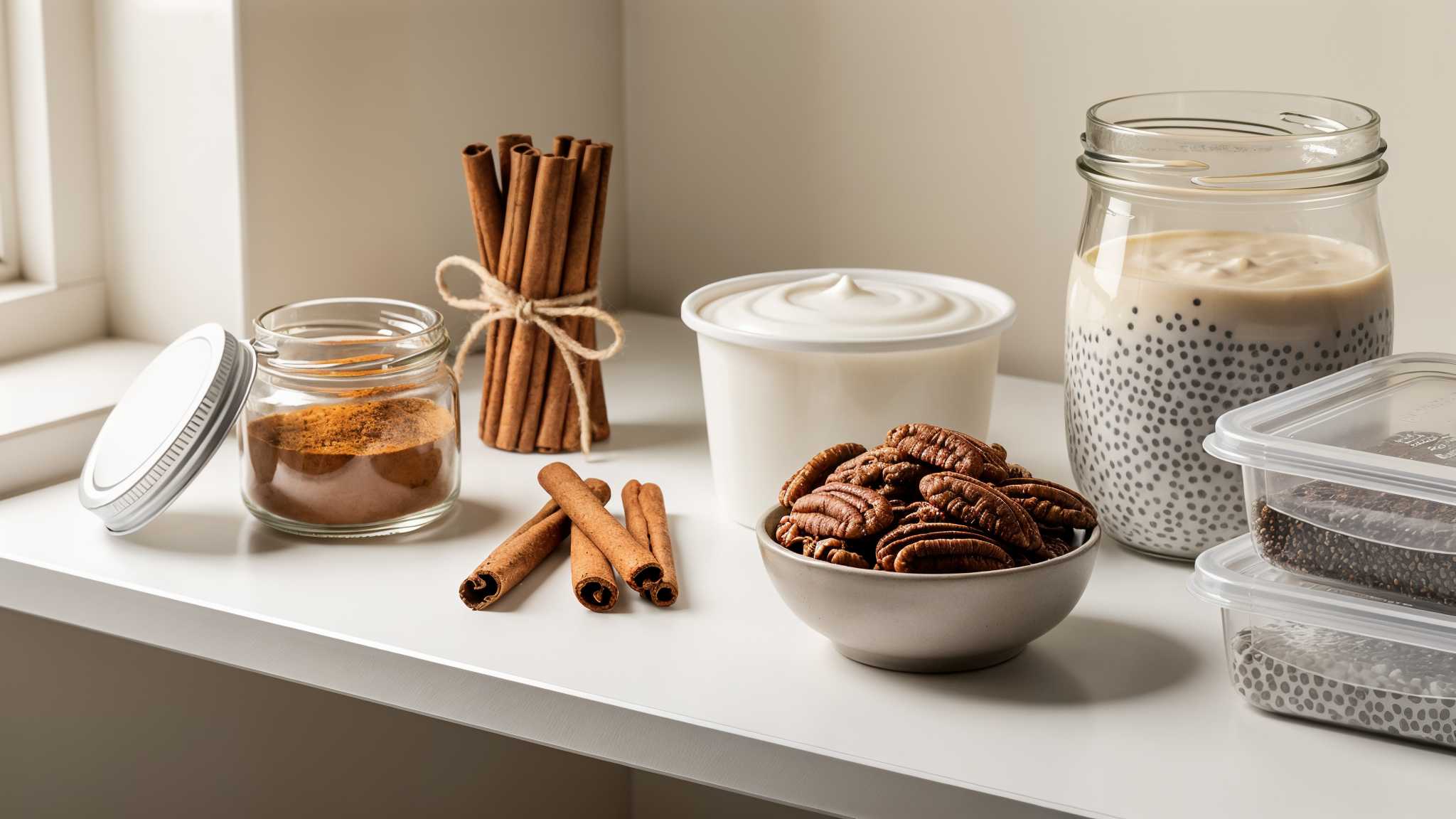 Cinnamon, coconut yogurt, pecans, chia pudding, and meal prep containers on a keto pantry shelf