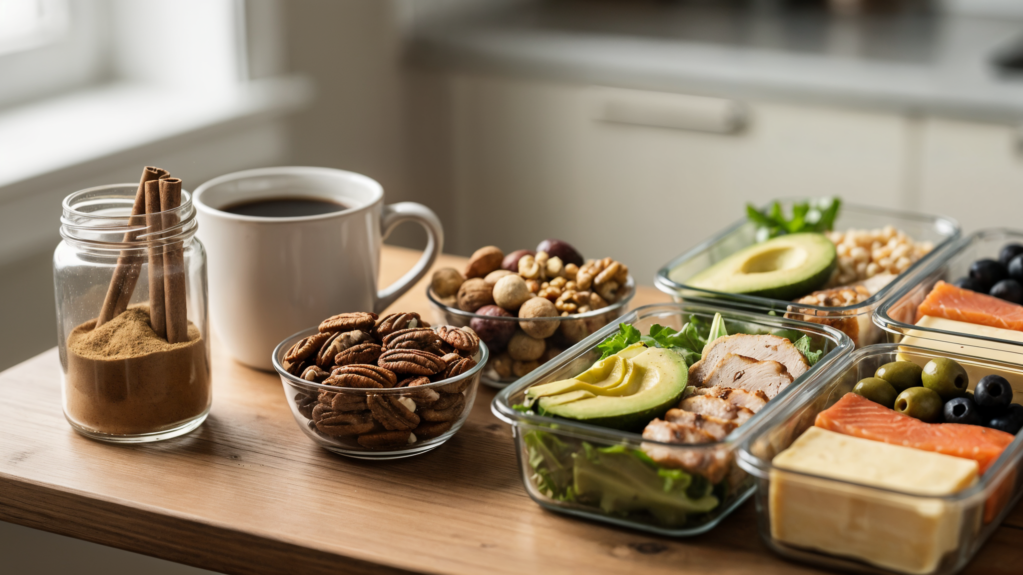 Keto pantry shelf with cinnamon jar, coffee mug, nuts, and meal prep containers