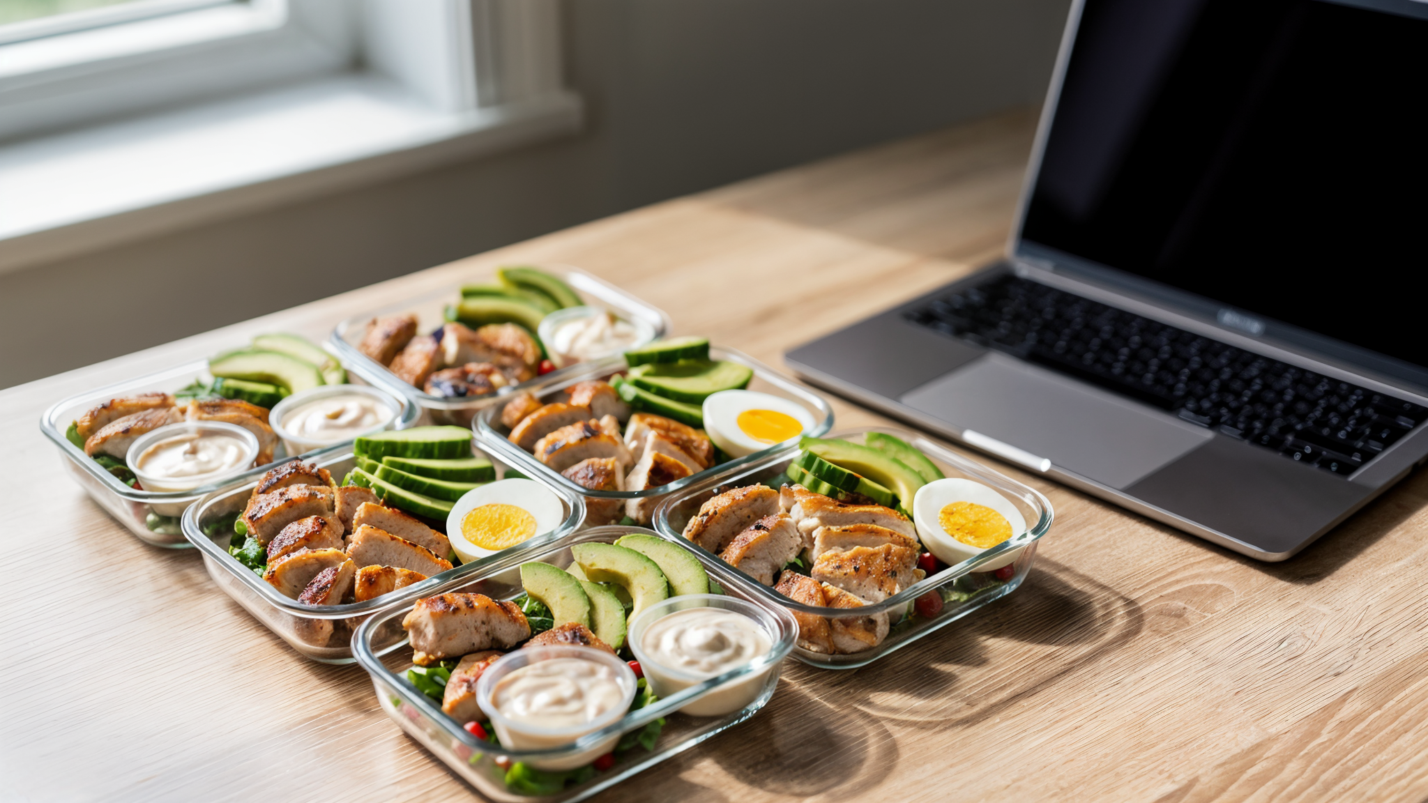 Five keto meal prep lunch containers arranged on a desk beside a laptop
