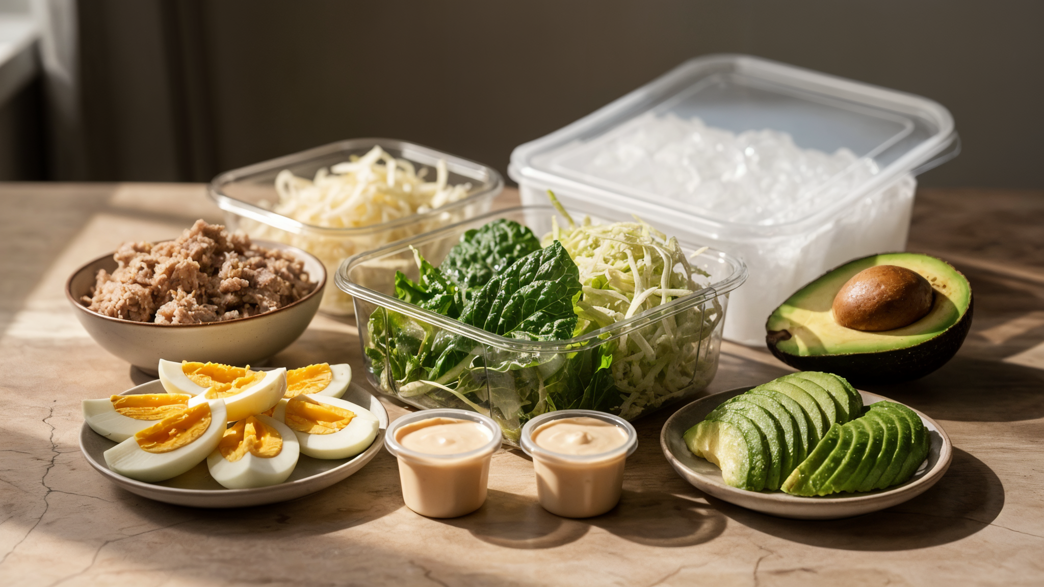 Cold keto lunch prep station with lettuce, tuna, eggs, avocado, and dressing cups