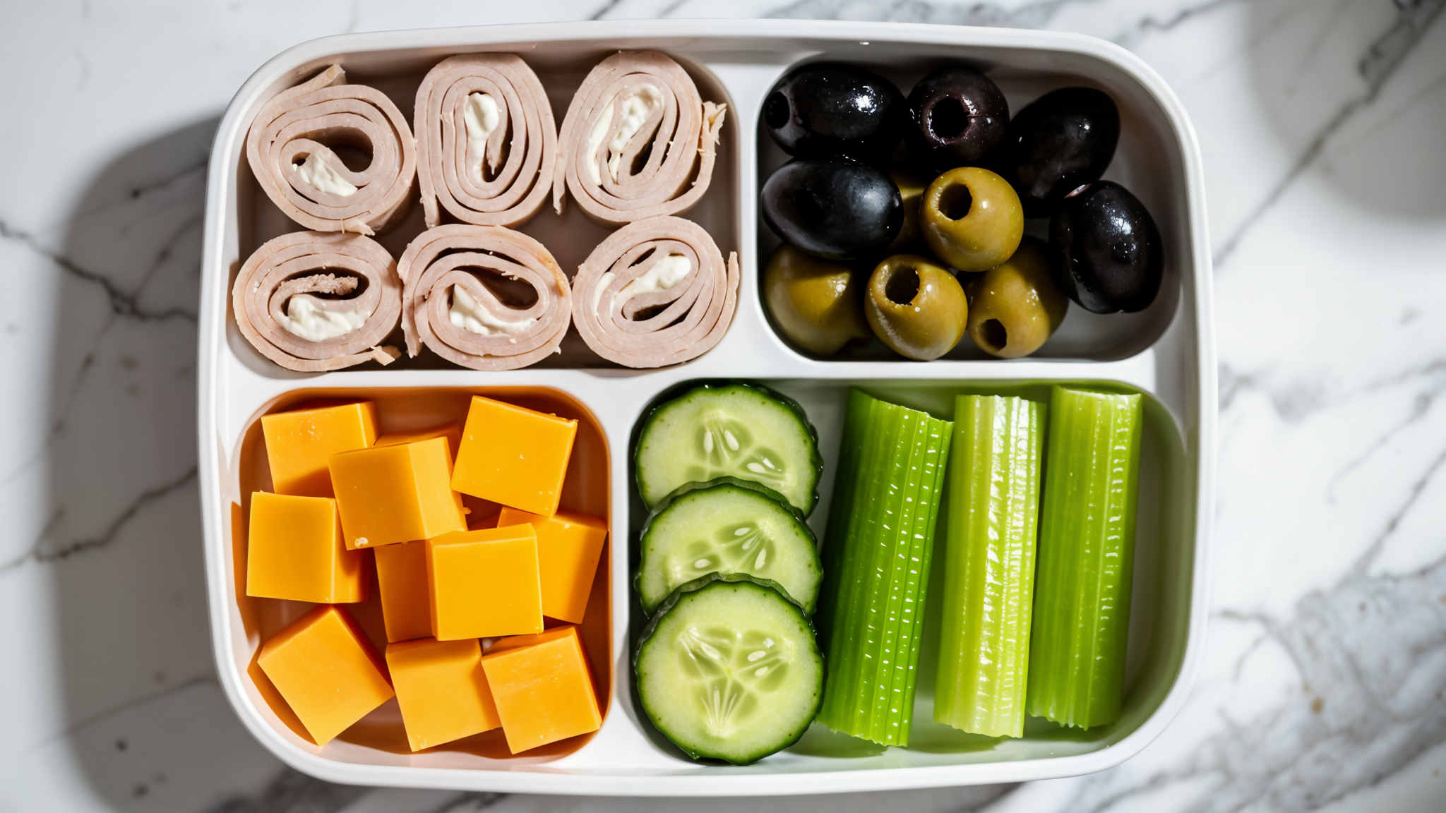 Overhead keto bento box with turkey, cheddar, cucumber, and olives