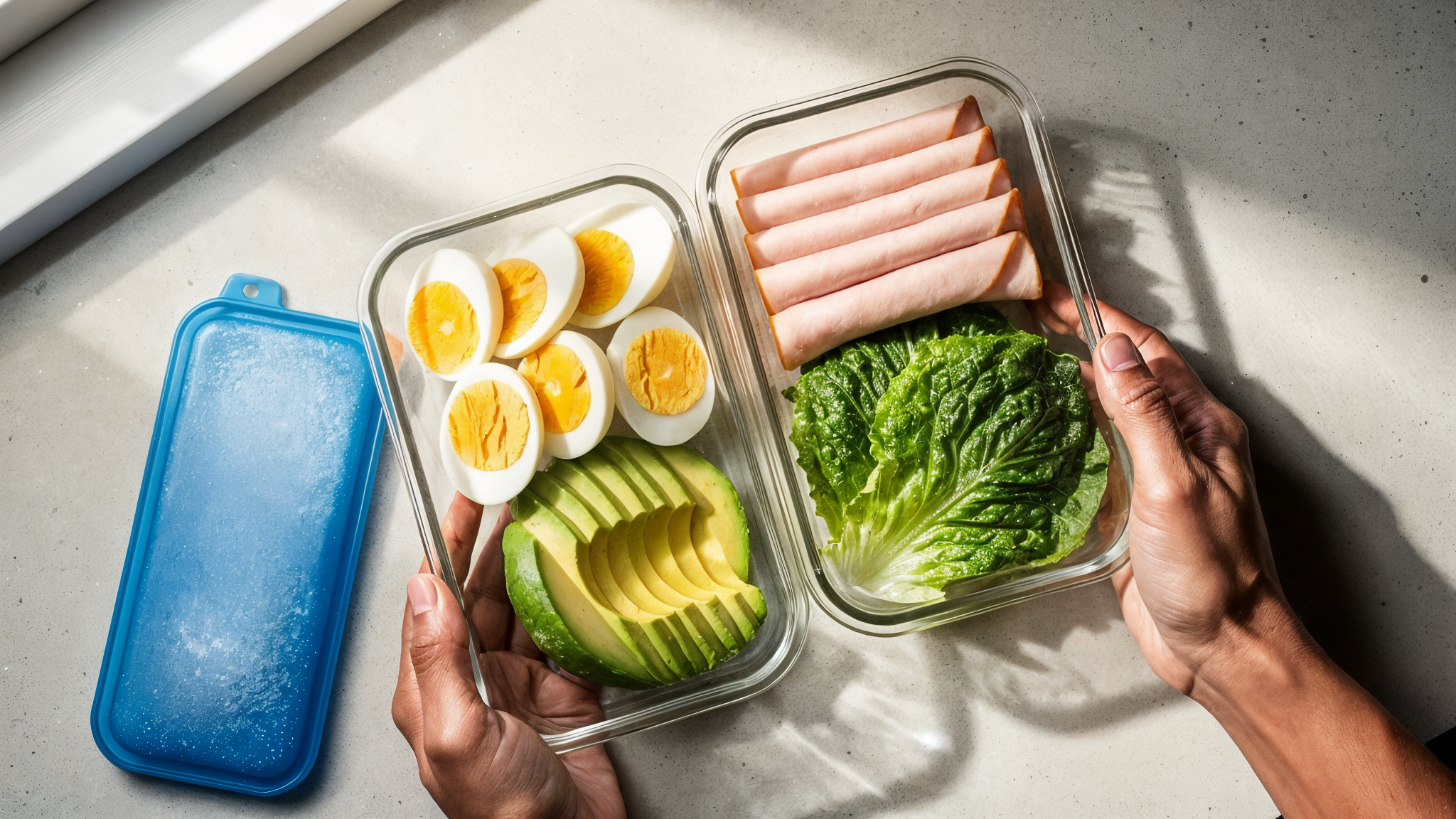 Meal prep containers with keto bento box components on a counter