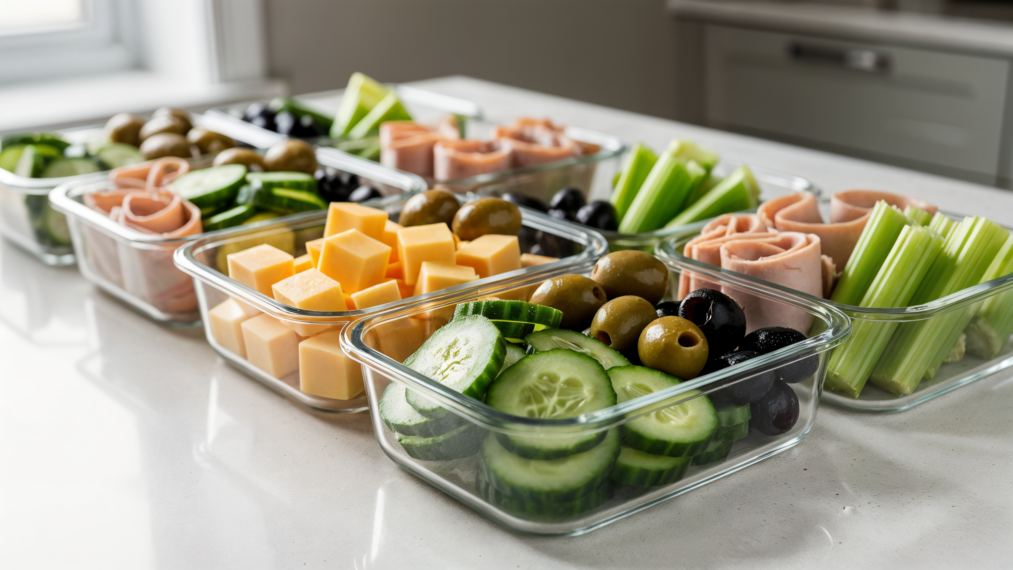 Hands packing keto lunch components into meal prep containers