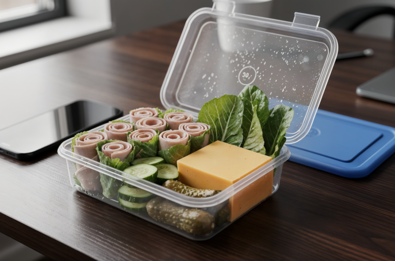 Deli roll-up lunch box for work with turkey, ham, cucumber, cheddar, and pickles