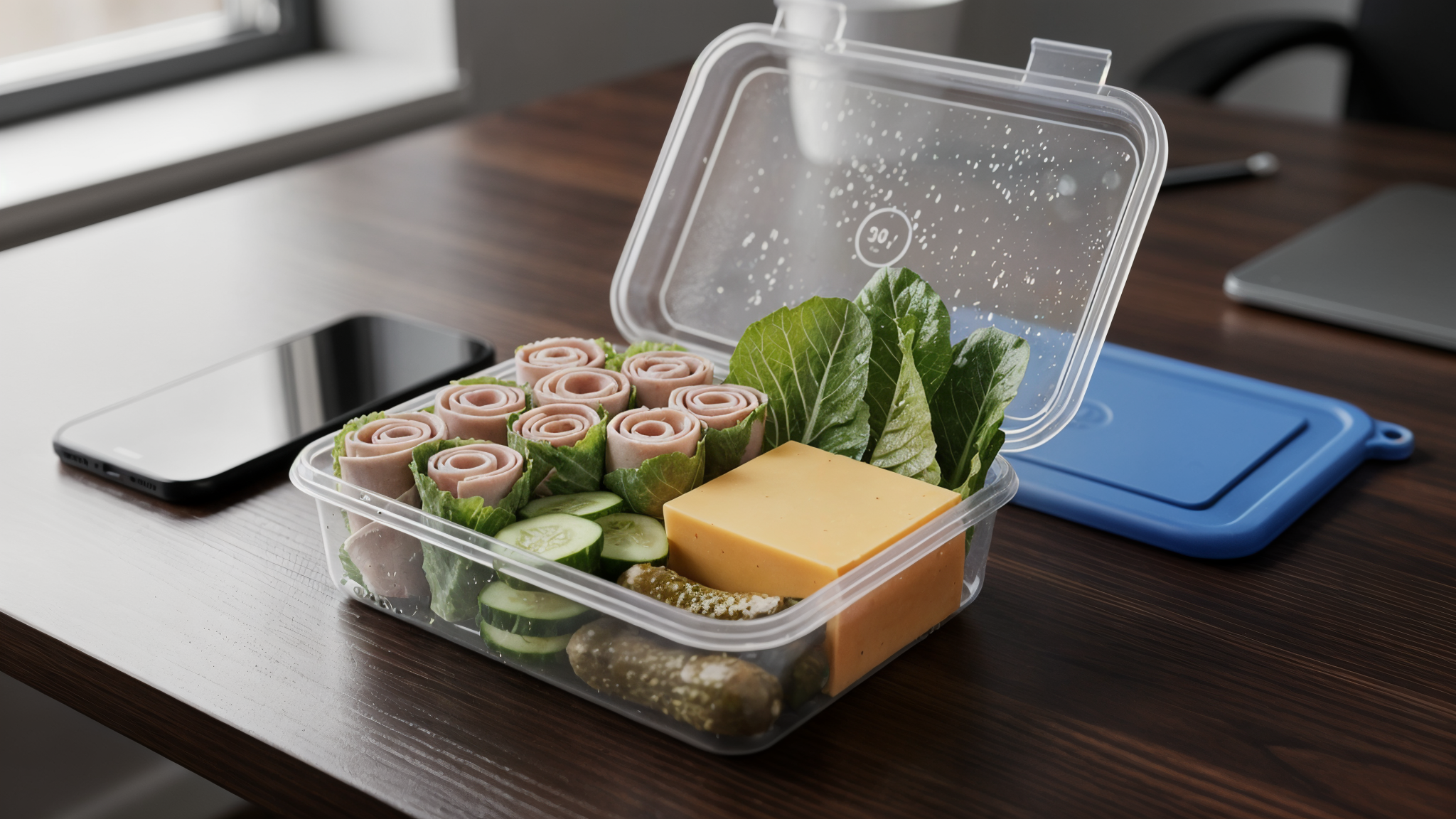 Deli roll-up lunch box for work with turkey, ham, cucumber, cheddar, and pickles