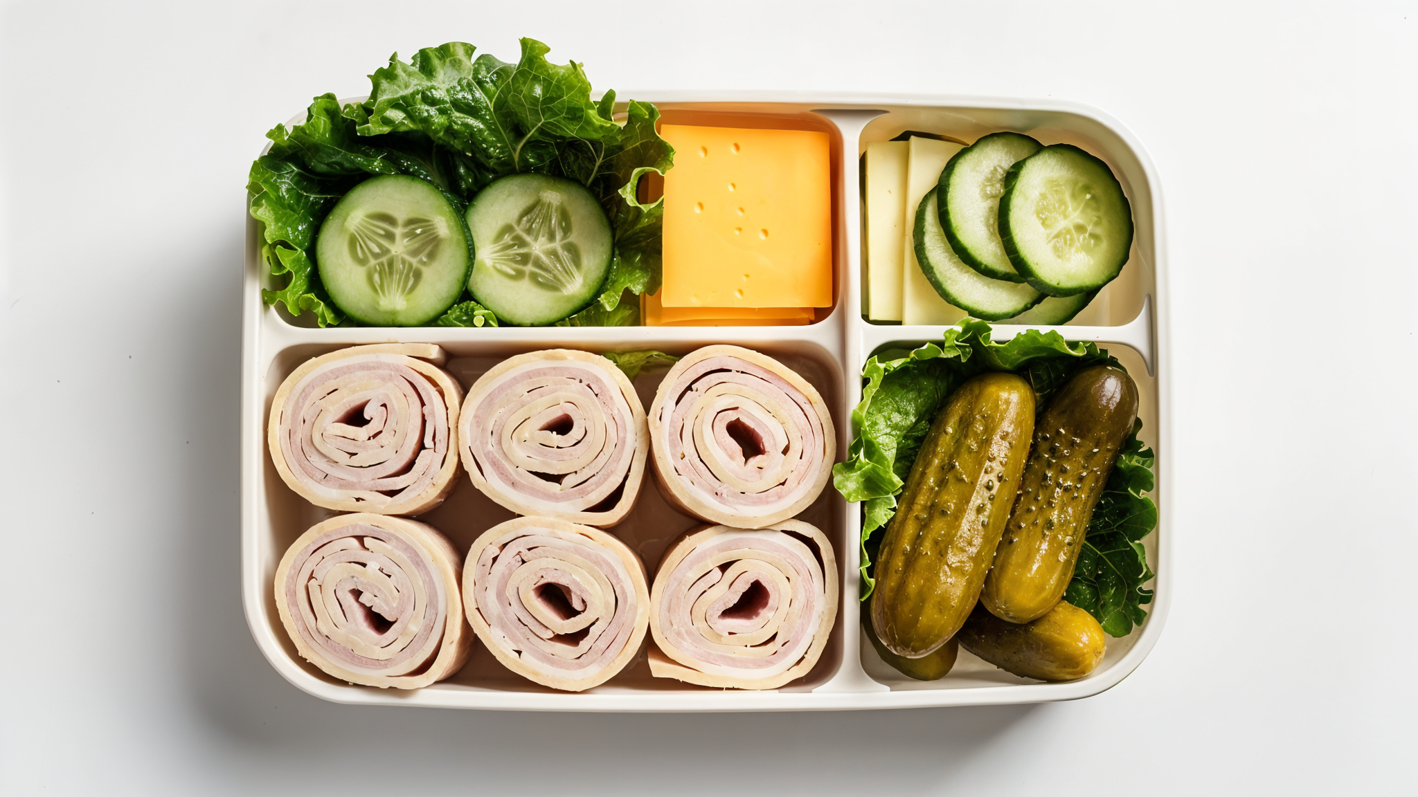 Turkey and ham deli roll-ups in a lunch box