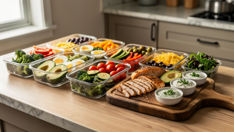 Meal prep containers lined up on a kitchen counter for easy keto lunch meal prep