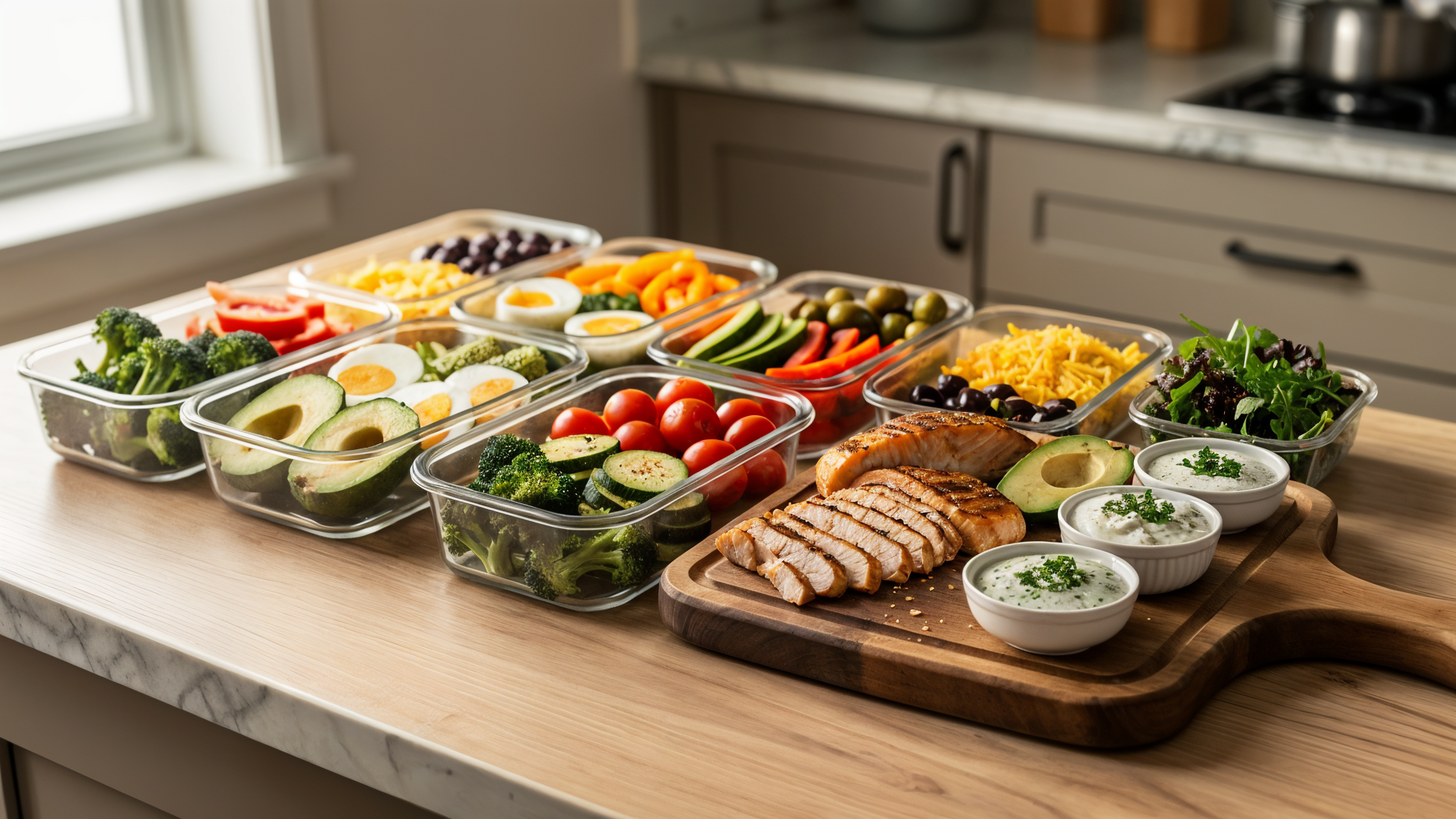 Meal prep containers lined up on a kitchen counter for easy keto lunch meal prep