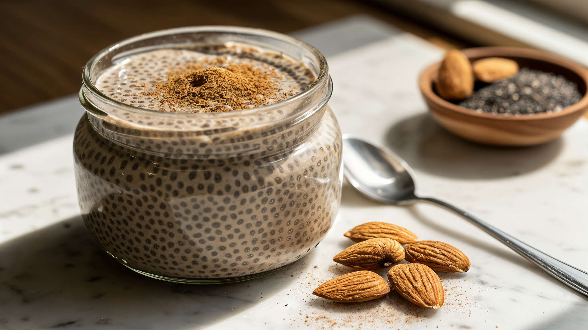 Chia pudding in a glass jar with cinnamon and almond slices