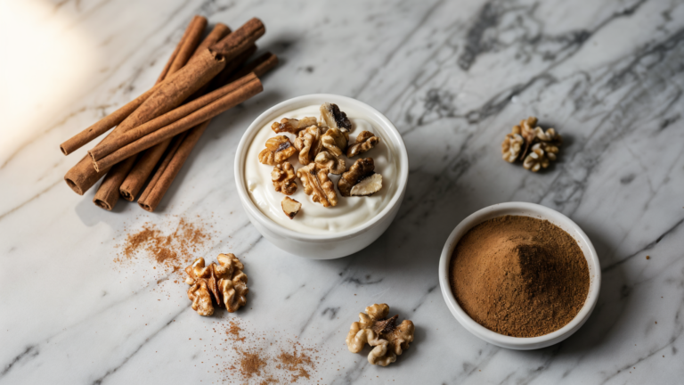 Cinnamon sticks and ground cinnamon beside an almond yogurt cup and walnuts