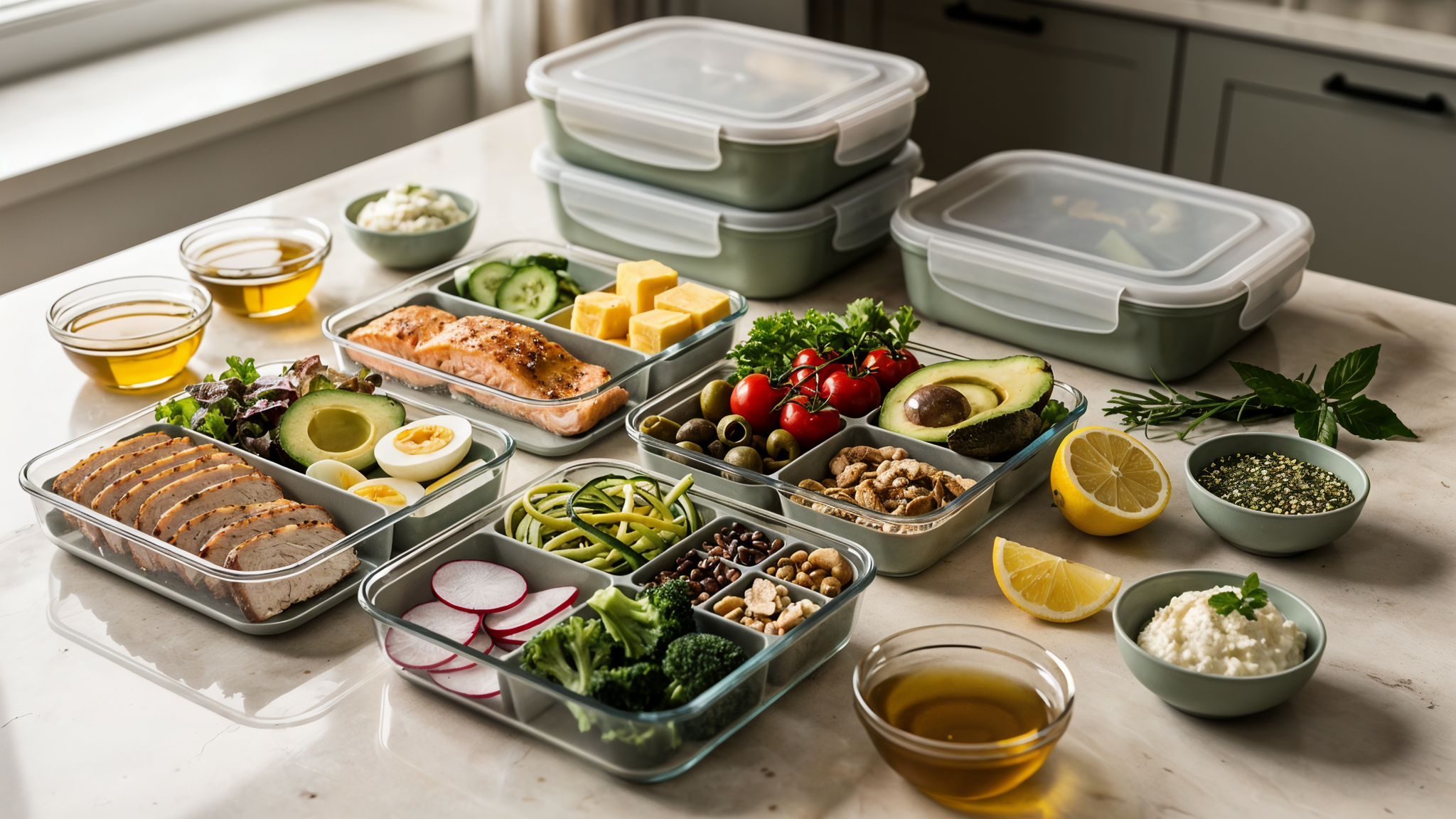Airtight lunch containers and divider trays arranged on a kitchen counter