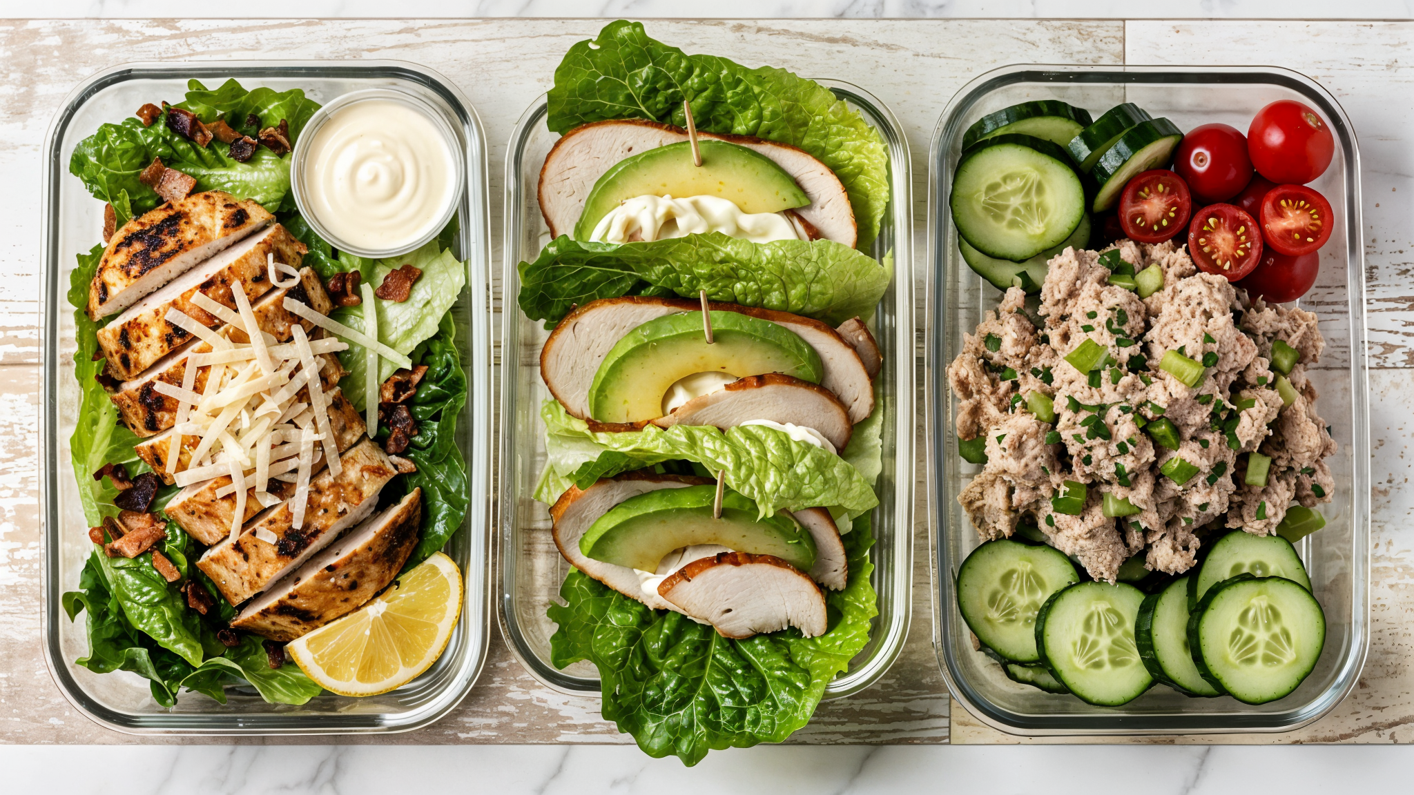 Three cold keto lunch containers for work arranged on a kitchen counter