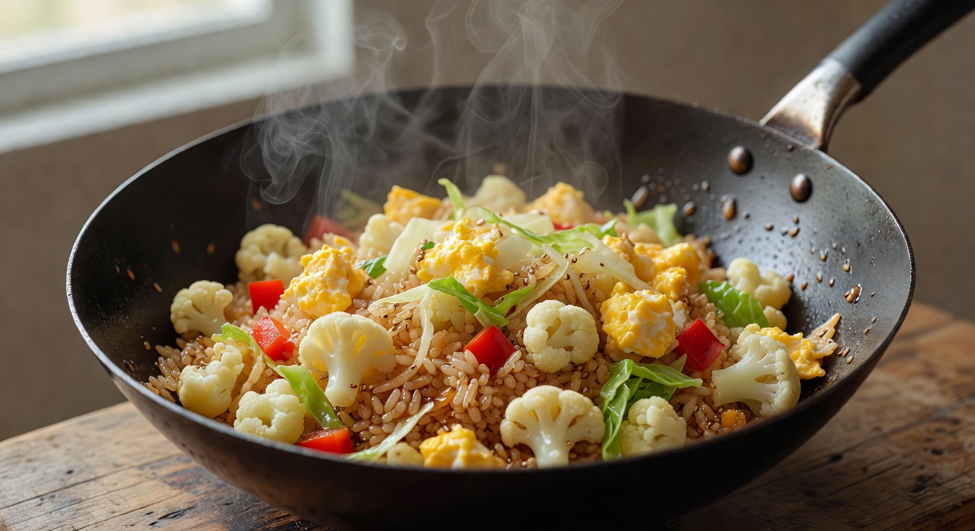 Cauliflower fried rice cooking in a wok with sesame oil, eggs, and vegetables