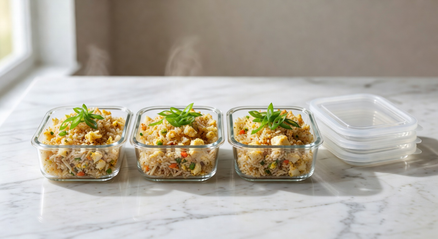 Three glass meal prep containers of cauliflower fried rice for work lunches