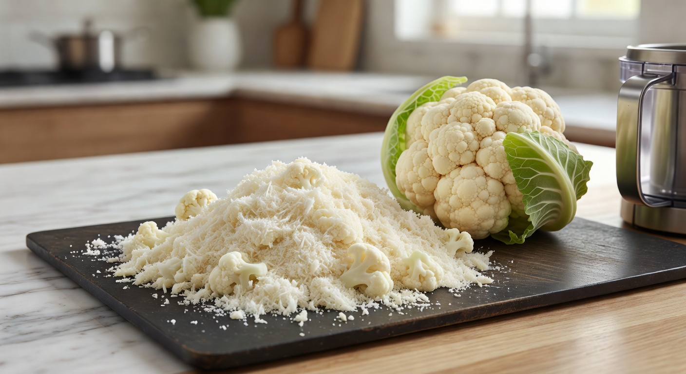 Raw riced cauliflower on a cutting board next to a whole cauliflower head