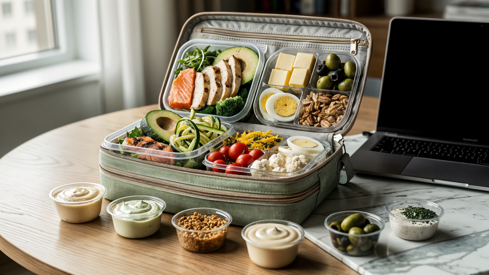 Open insulated lunch bag with chilled keto lunch containers and an ice pack next to a laptop