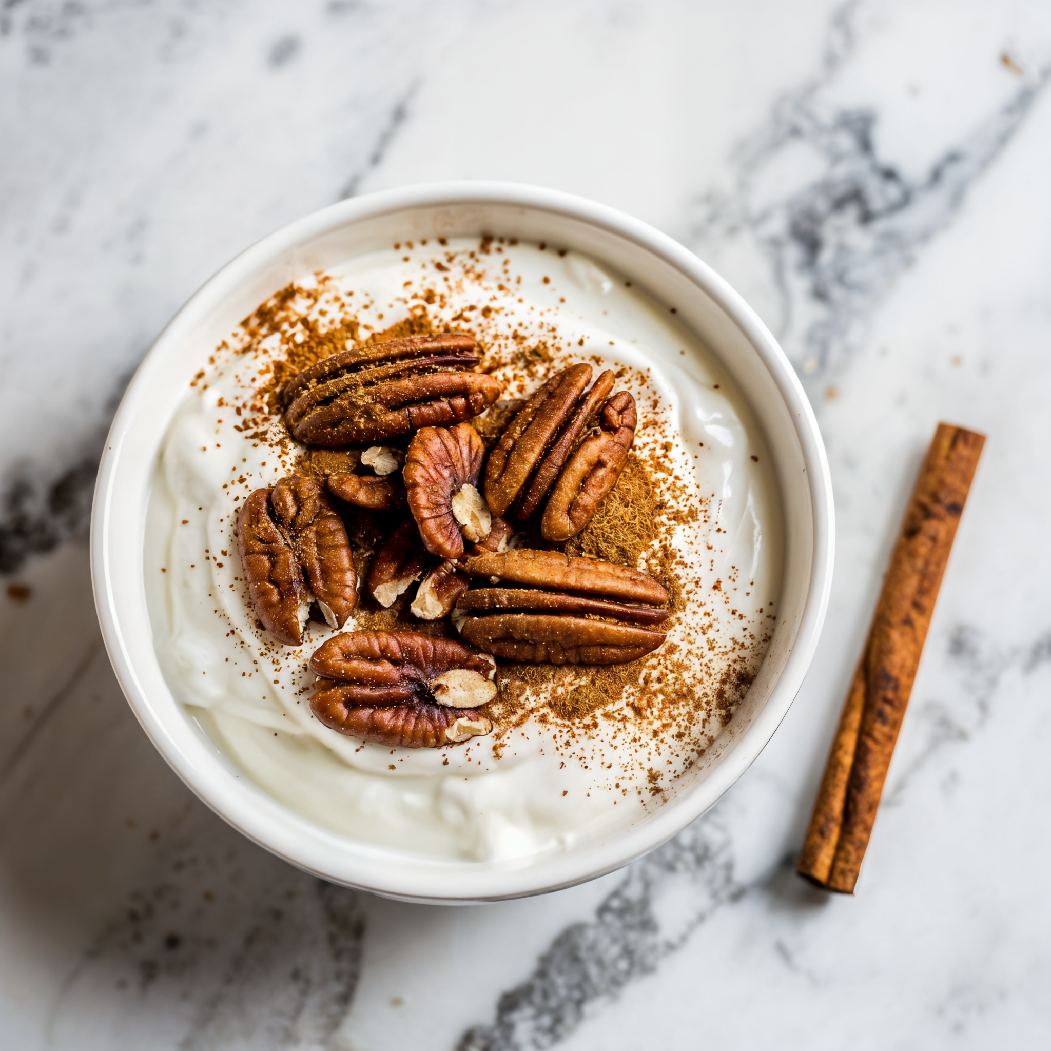 Cinnamon bowl with coconut yogurt, pecans, and berries on a marble counter