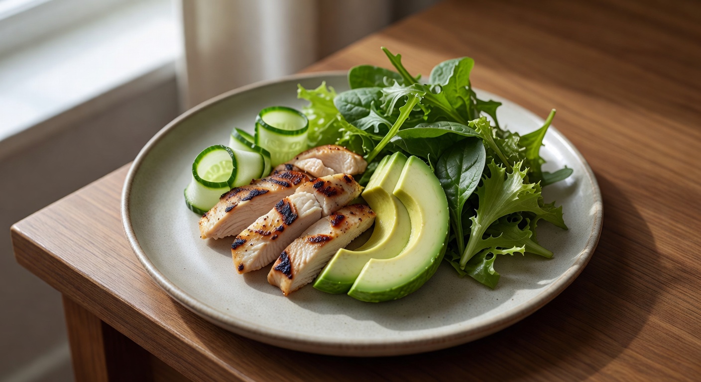 Keto lunch bowl with grilled chicken, avocado, cucumber, and mixed greens on a wooden desk