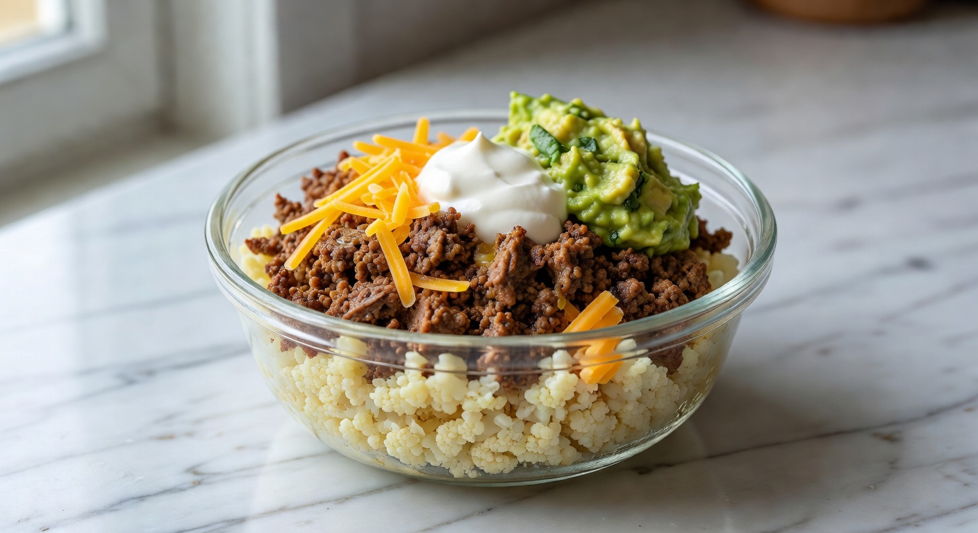Cauliflower rice burrito bowl with ground beef, cheddar, sour cream, and guacamole