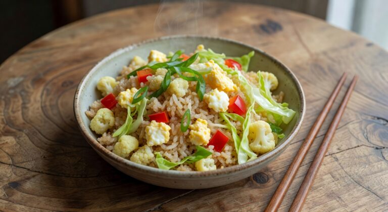 Bowl of keto cauliflower fried rice with scrambled eggs, red bell pepper, and green onions