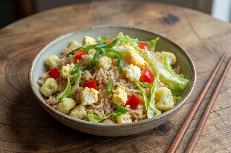 Bowl of keto cauliflower fried rice with scrambled eggs, red bell pepper, and green onions
