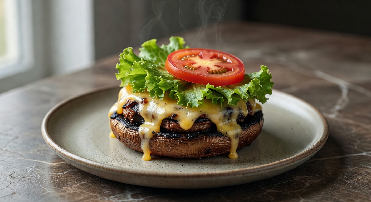 Keto portobello mushroom burger with melted cheese, lettuce, and tomato