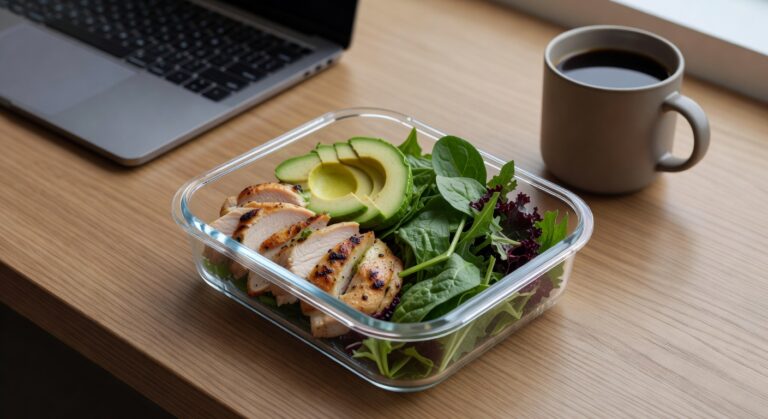 Keto lunch meal prep container with grilled chicken, avocado, and greens on an office desk