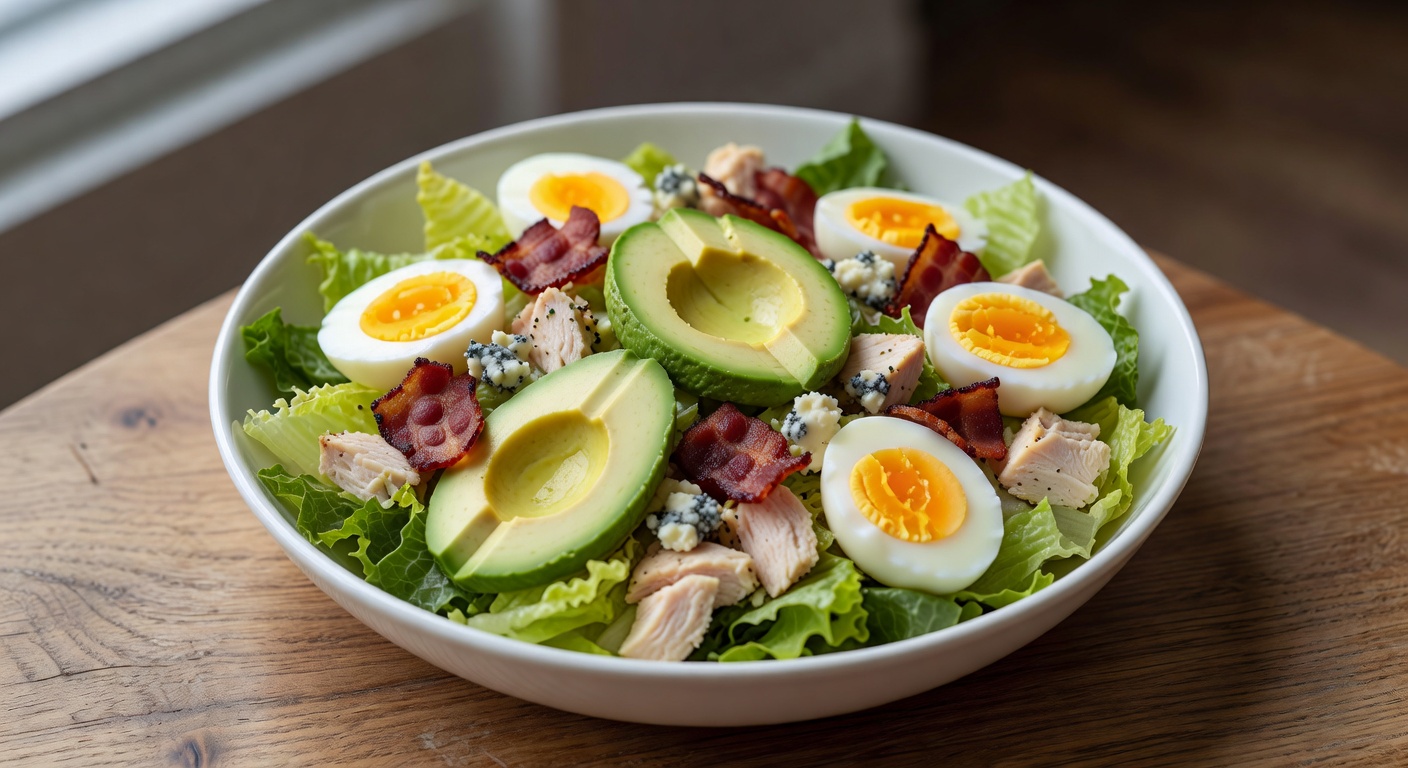 Cobb salad with egg, bacon, avocado, blue cheese, and chicken over romaine