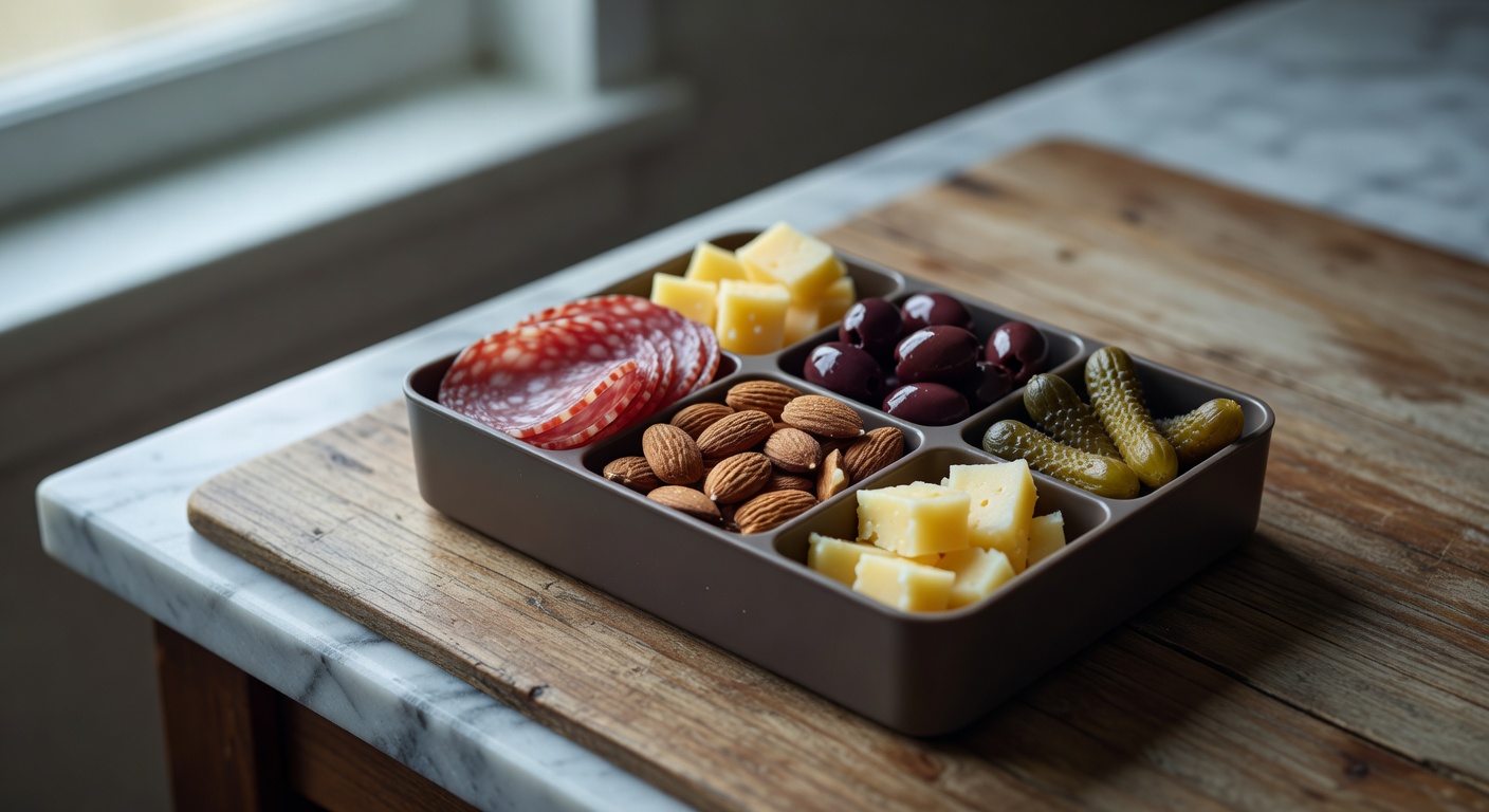Keto charcuterie bento box with salami, cheddar, almonds, olives, and cornichons