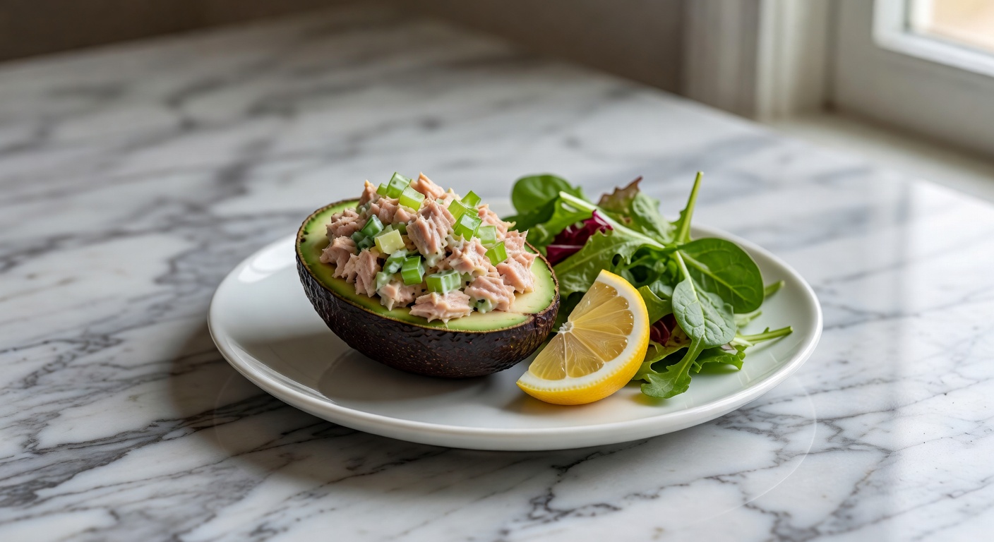Tuna salad stuffed avocado half with lemon and mixed greens
