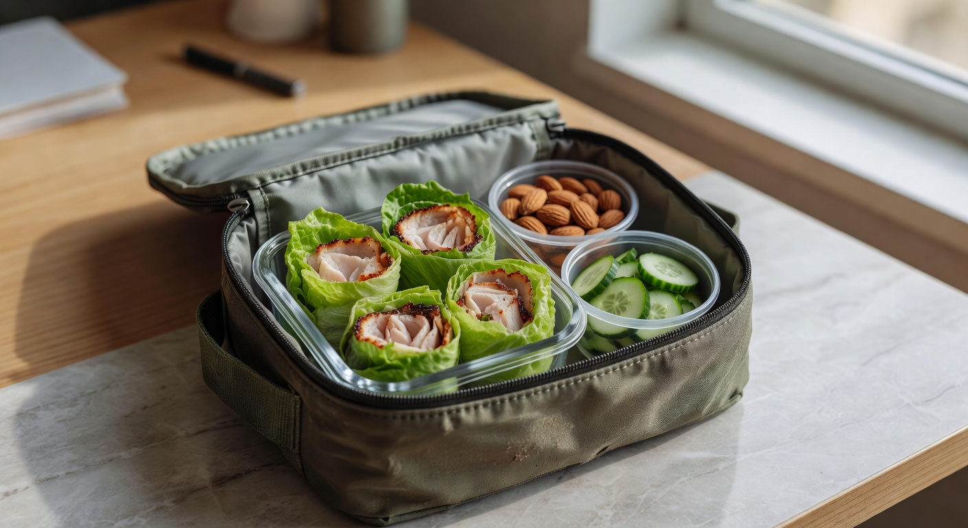 Insulated lunch bag with keto turkey lettuce wraps, almonds, and cucumber on an office desk