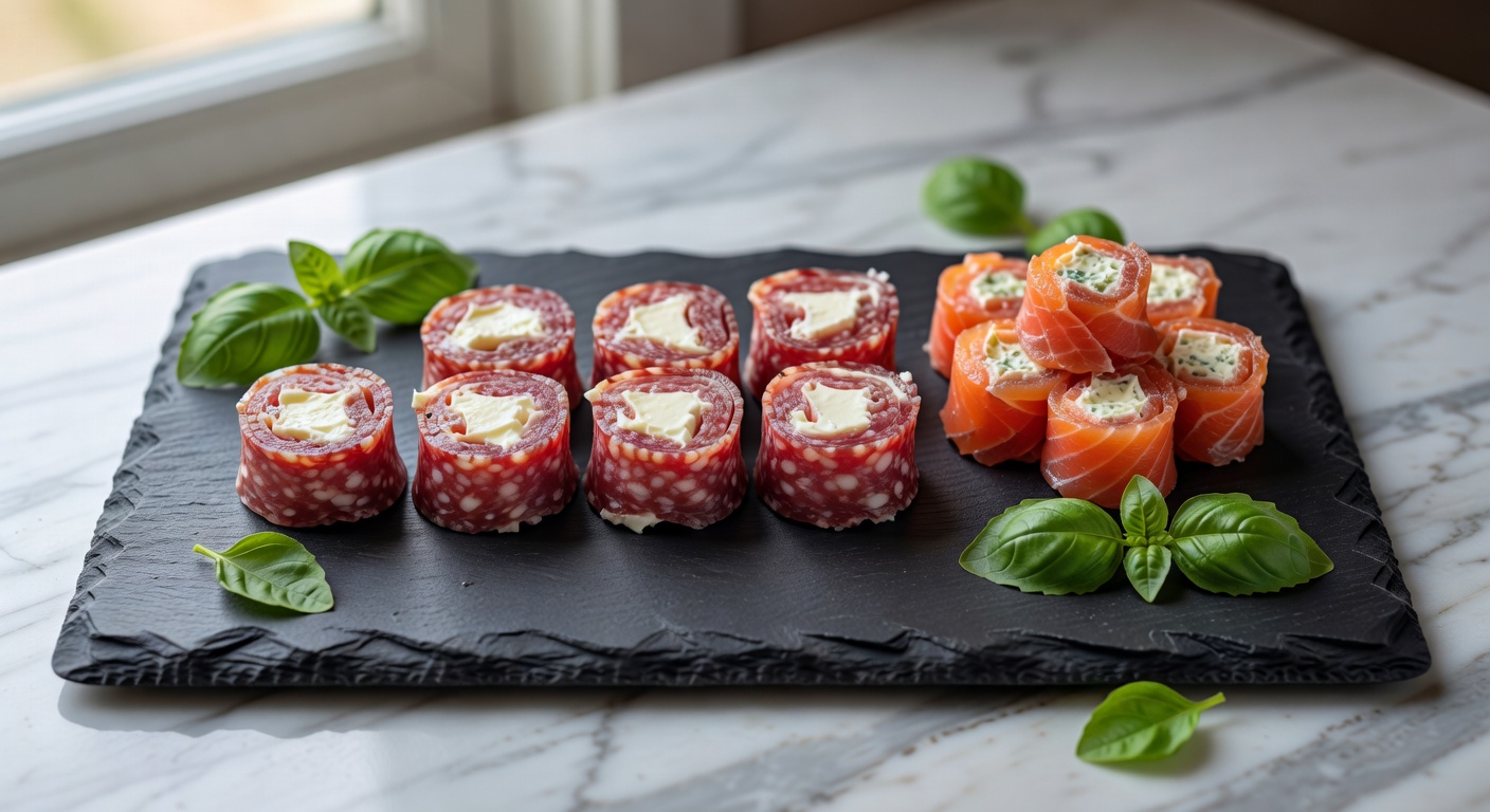 Italian salami roll-ups and smoked salmon pinwheels on a slate board