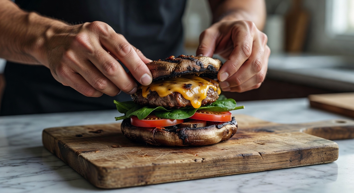 Assembling a keto portobello burger with cheese, spinach, and tomato