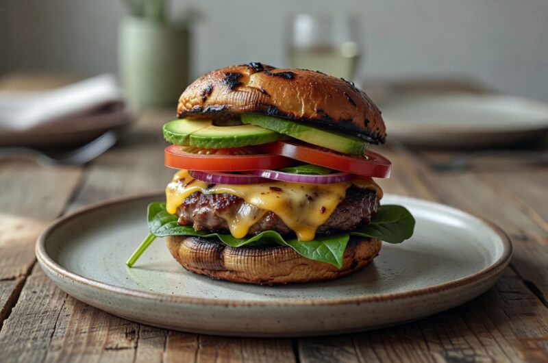 Keto portobello mushroom burger with melted cheddar, avocado, and tomato
