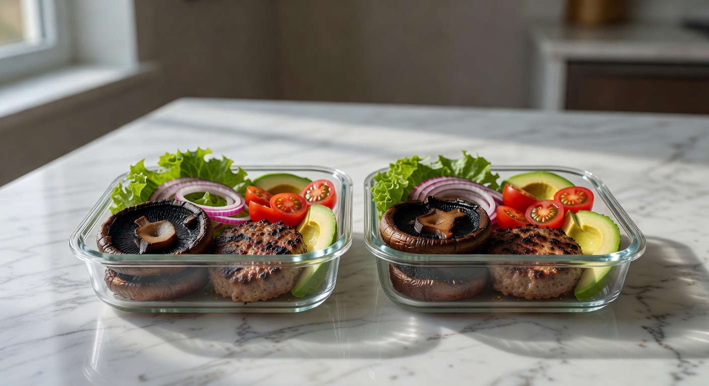 Deconstructed portobello burgers in glass meal prep containers
