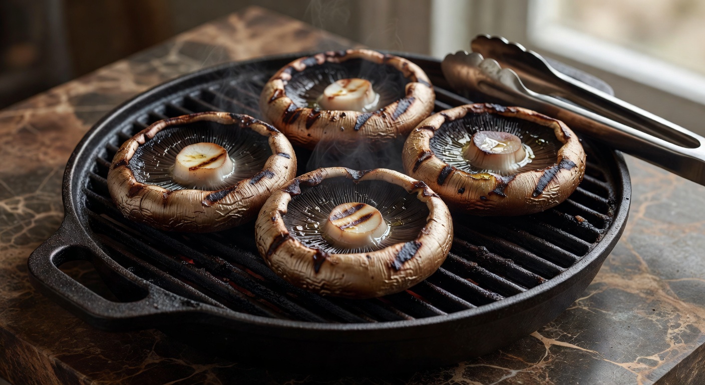 Portobello mushroom caps grilling with olive oil and grill marks