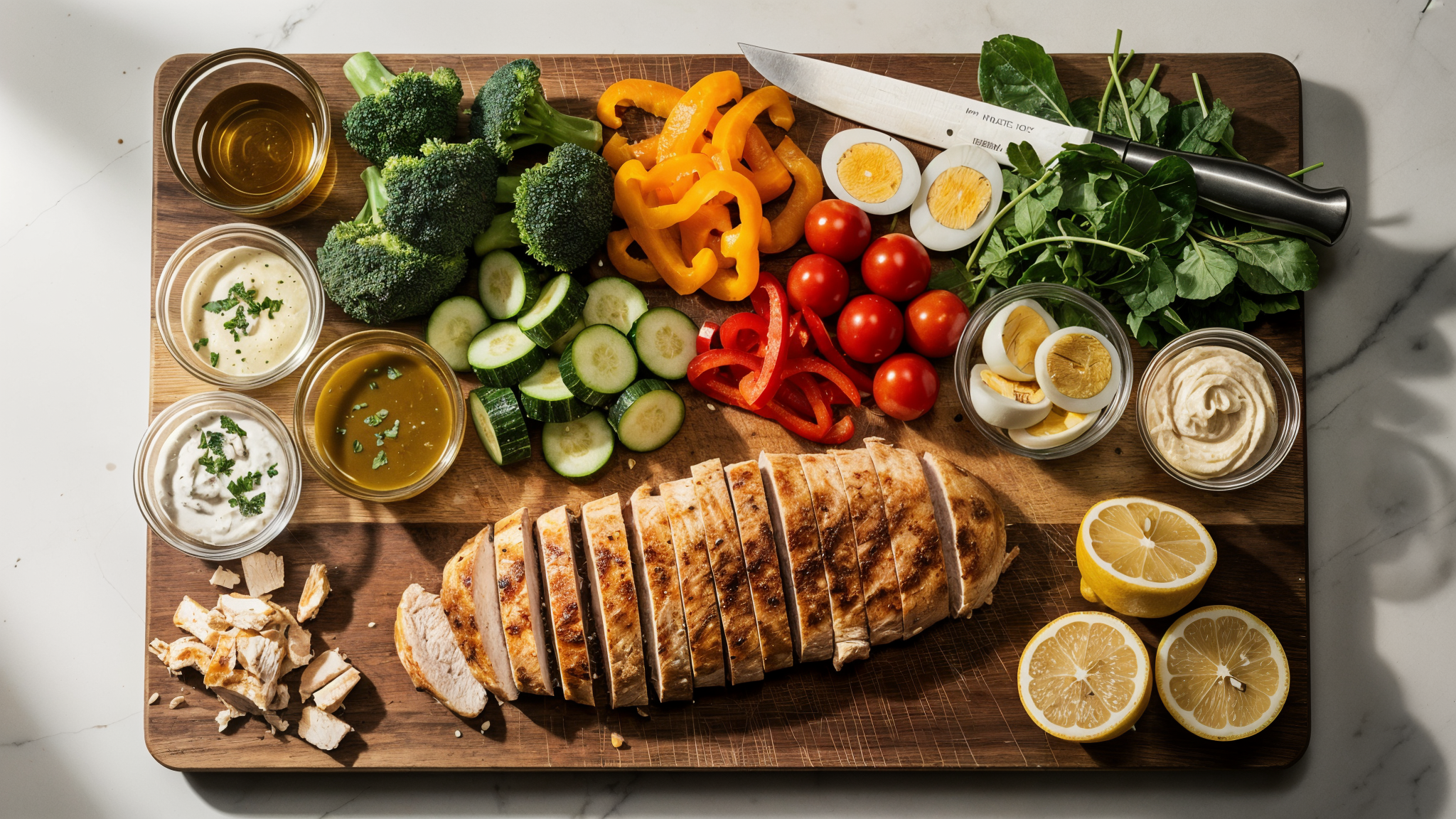 Cooked chicken, chopped vegetables, hard-boiled eggs, and sauces arranged for keto lunch meal prep