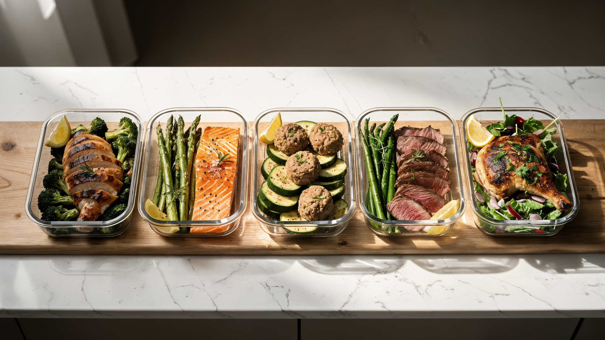 Five meal prep containers lined up for a 5-day keto lunch plan